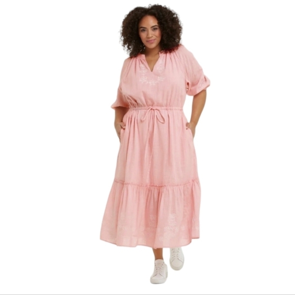 Draper James pink the tie waist midi dress Summer Prarie Romantic Boho Peasant - Picture 2 of 14